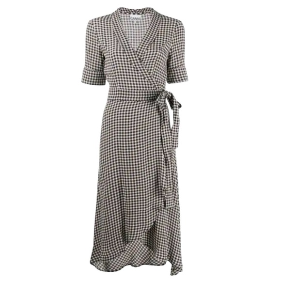 GANNI Gingham Crepe De Chin Black White Check True Wrap Dress Women’s Large - Picture 4 of 15